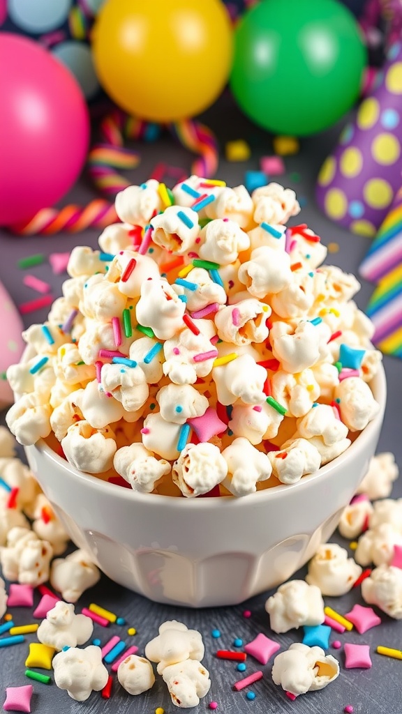 A bowl of colorful birthday cake batter popcorn mix with sprinkles, surrounded by festive birthday decorations.